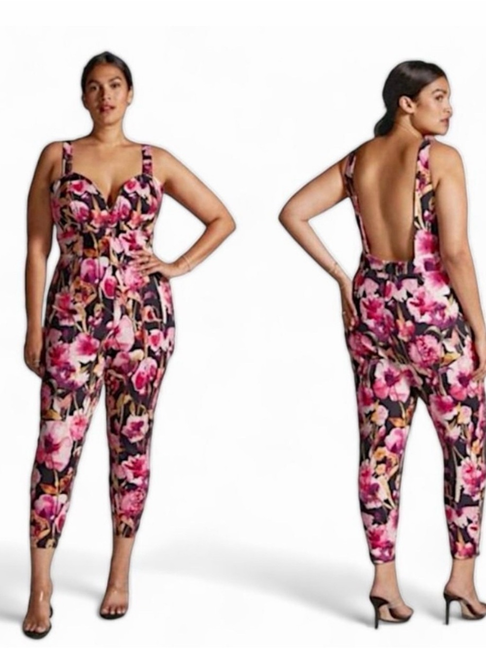 Anthropologie Black Floral Open-Back Cropped Jumpsuit